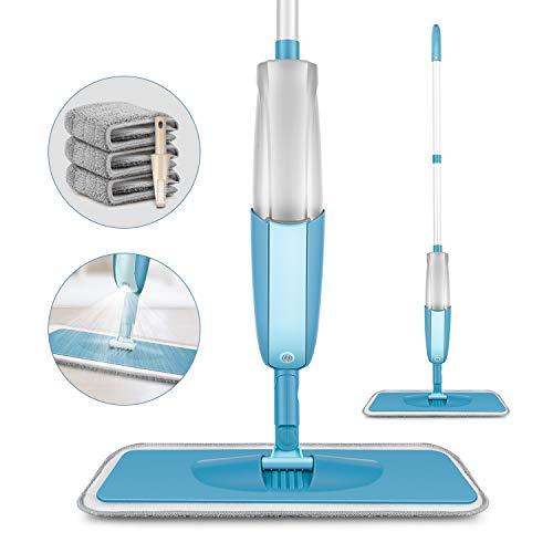 MEXERRIS Microfiber Spray Mop for Hardwood Floor Cleaning - Wet and Dry, Microfiber Dust Mop with 410 Milliliter 360 Degree Spin Water Tank Sprayer Include 3 Microfiber Reusable Pads and 1 Scraper