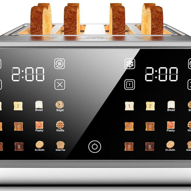 4 Slice Toaster– Dual Digital Smart TouchScreen & Independent Control Panel | Single-Slot Tech, Timer/Reheat/Defrost for Bagels, Bread | 1800W Stainless Steel, 6 Toast Types & Shade Settings
