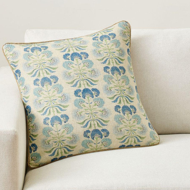 Alina Floral Print With Jute Trim Pillow Cover, Blue Multi, 20"