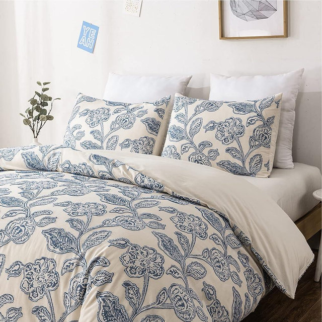 Duvetex 100% Floral Cotton Duvet Cover King Size Bedding Set Soft Textured Comfy Breathable Jacquard Comforter Duvet Cover with 2 Pillow Shams, Button Closure&Corner Ties