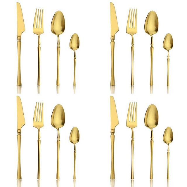 16-Pieces Snplowum Silverware Unique Handle Matte Flatware Set 18/10 Stainless Steel Cutlery Set, Suitable For Restaurant Family Kitchen Wedding Holiday Gifts, Dishwasher Safe ( Gold )