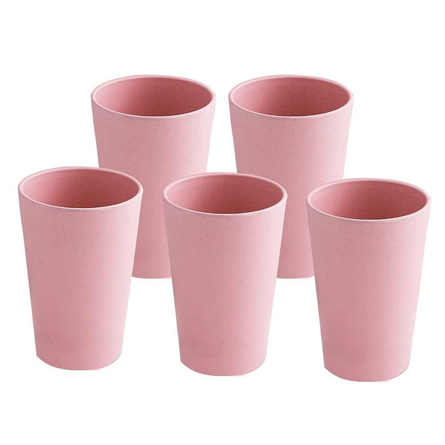 NA 16oz Drinking Tumbler Set of 5, Unbreakable Wheat Straw Cups for Camping Party Adults, Water Glasses for Beverage Ice Tea, Dishwasher Safe (Pink)