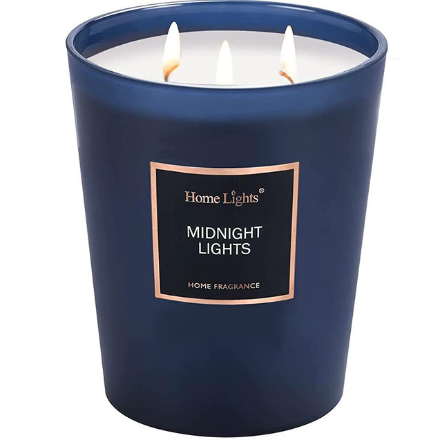 HomeLights Highly Scented Soy Candles Big 33.3 oz for Home. 3 Cotton Wicks, Smokeless Long Lasting 70 hrs in Midnight Lights. 5x6", Great Gift for Women & Men