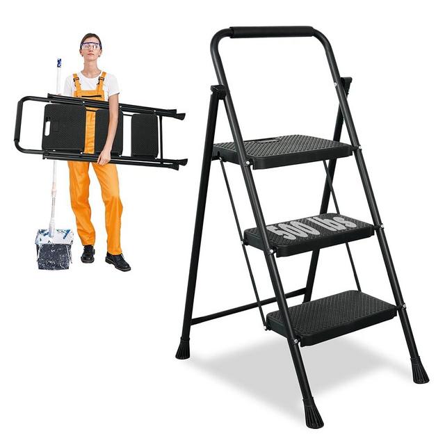 3 Step Ladder, Protable Steel Folding Stool with Wide Anti-Slip Pedal, 500lbs Sturdy Steel Ladder, Black