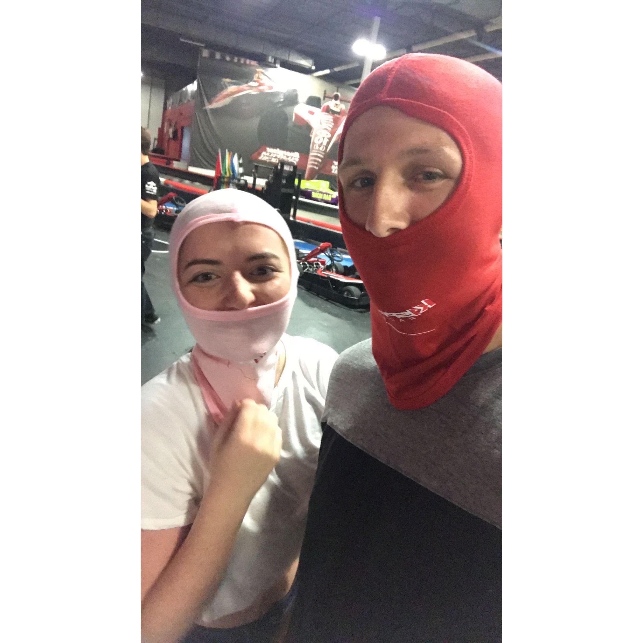 Our first date in Arizona- go-karting! You can't see, but we are smiling under those masks!
