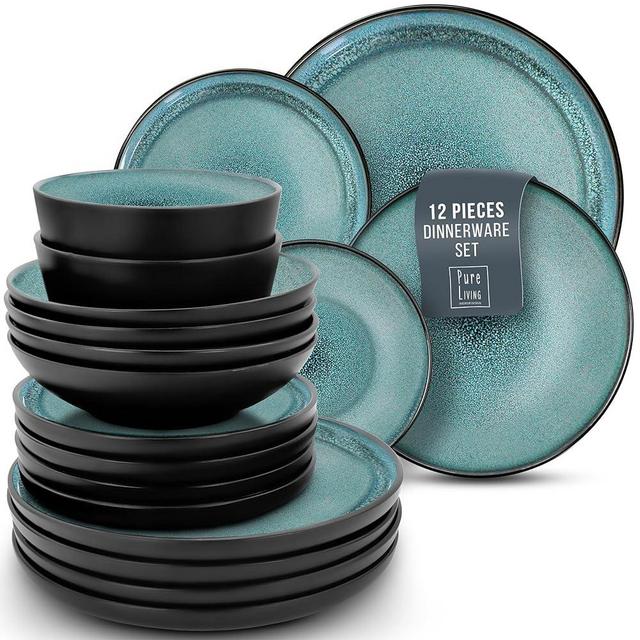 12 Piece Dinnerware Sets for 4 - Modern Style Stoneware Dinnerware Set - Scratch Resistant, Dishwasher Safe Plates and Bowls Sets Ceramic, Dish Set, Bowl and Plate Set - dark petrol blue