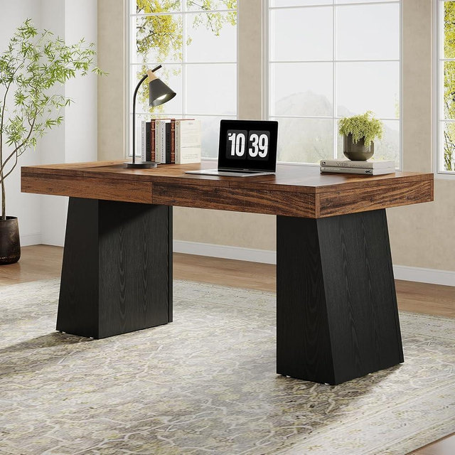 Tribesigns 55" Executive Desk, Wooden Office Desk with Double Pedestal, Modern Simple Computer Writing Table for Home Office, Brown & Black