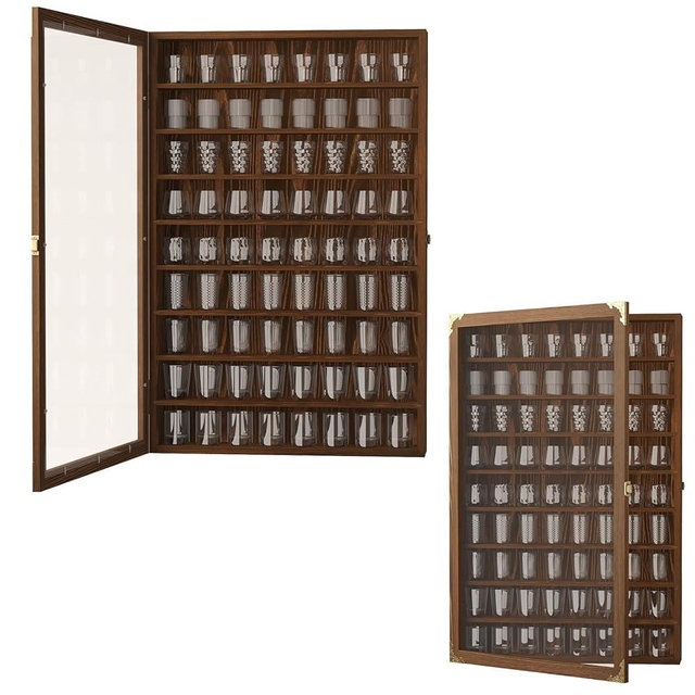 tonchean 72 Slots Large Shot Glass Display Case, Wall Mounted Shot Glass Holder with Acrylic Door, Wooden Glass Display Cabinet with Removable Shelves, 26.85'' x 17.5'' x 3.35''