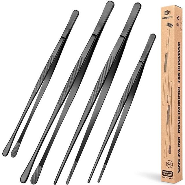 4 Pcs Kitchen Fine Tweezer Tongs, 12'' and 10'' Stainless Steel Food Tweezers Set, Professional Black Kitchen Long Tweezer for Cooking, Repairing, Sea food and BBQ