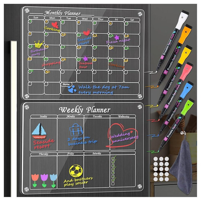 2 Pack Acrylic Magnetic Dry Erase Board for Fridge, Magnetic Calendar for Refrigerator with 6 Markers, Magnetic Acrylic Calendar for Fridge, Clear Planning Boards Fridge Calendar