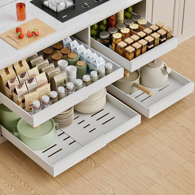 PAKETA 1 Pack Expandable Pull Out Cabinet Organizer, 21'' Deep Pull Out Drawers for Cabinets, Upgrade 3 Slide Rails Sliding Drawers for Cabinet with Adhesive Nano Film (White)