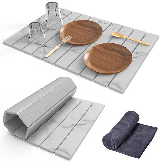 Stone Dish Drying Mat for Kitchen Counter,24"(L)×16"(W) Collapsible Fast-Drying Diatomaceous Earth Mats with Towel Sanding Tool,Versatile Stone Drying Mats for Cups Dishes Bottles