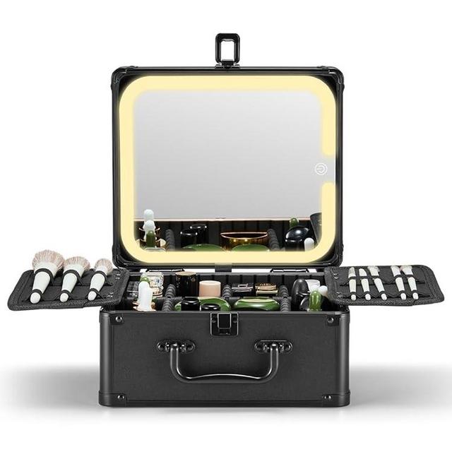 Qislee Makeup Box with A Detachable Lighted Mirror, Waterproof Travel Train Case, Cosmetic Organizer and Makeup Suitcase with Adjustable Dividers, Magnetic LED Mirror (Black)