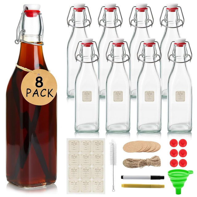 Ruckae Square Swing Top Glass Bottles with Lids Kombucha Coquito Flip Top Glass Bottle for Syrup Vanilla Extract Brew Beer Kefir Air Tight Bottles for Gift (16 oz 8 pack)