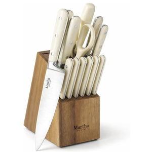 MARTHA STEWART Eastwalk 14 Piece High Carbon Stainless Steel Cutlery Kitchen Knife Block Set w/ABS Triple Riveted Forged Handle Acacia Wood Block - Linen White