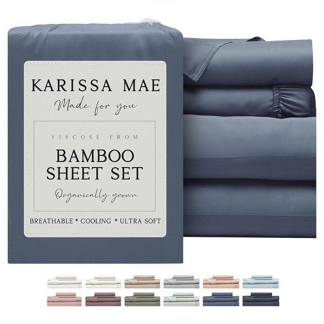KARISSA MAE Cooling Bamboo Viscose Queen Sheet Set | 100% Organically Grown | 18” Deep Pocket | Silky, Soft, & Hypoallergenic | with Organizer Band & Elastic Corner Straps [Slate Blue]