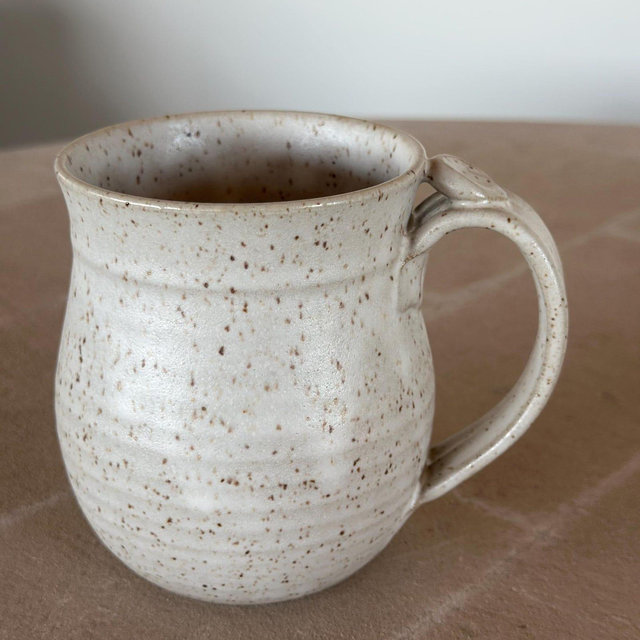 Satin white coffee mug cup with thumb rest