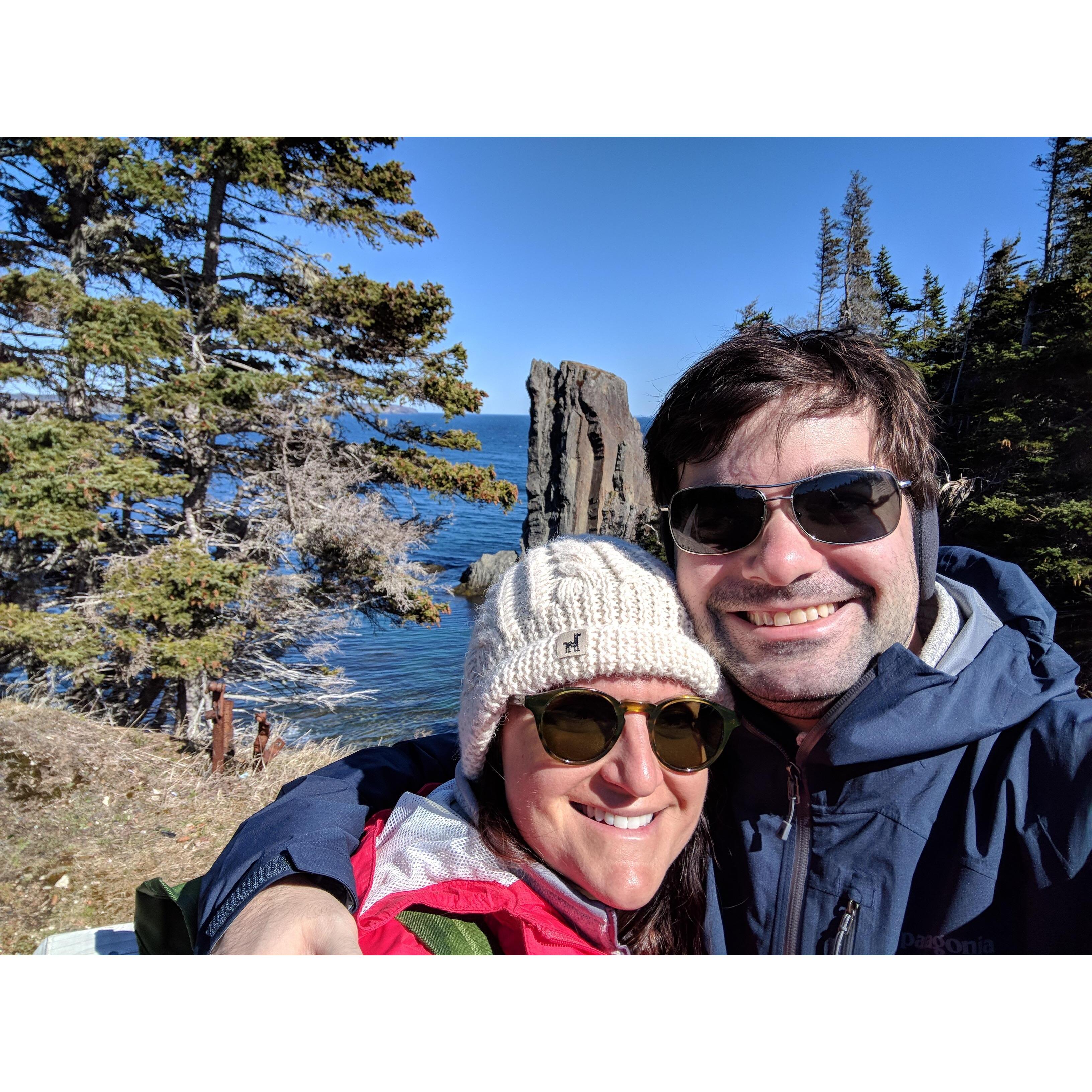 Hiking along the beautiful--and windy!--Skerwink Trail in Port Rexton, Newfoundland.