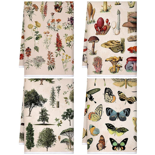Kajaia 4 Pcs Spring Mushroom Kitchen Towels Vintage Floral Towels 16 x 24 Inch Plants Butterfly Tea Hand Dishcloths Wildflower Decorative Absorbent Dishcloths for Home Bathroom Housewarming Gift