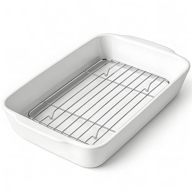 HOMBENE 2 QT Small Ceramic Baking Dish, White Casserole Dish with Roasting Racks, Lasagna Pan for Oven, Ceramic Baking Pan, Kitchen Decor, Microwave Oven Safe, Dinner, Wedding (7.6" x 12.3")