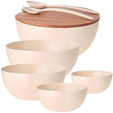 8PCS Large Salad Bowl Set（6 Quart）with Lid and Servers, Extra Large Serving Bowl Set, Mixing Bowl Set with Wooden Cutting Board - Bamboo Fiber Material Perfect for Salad Fruit Pasta, Beige