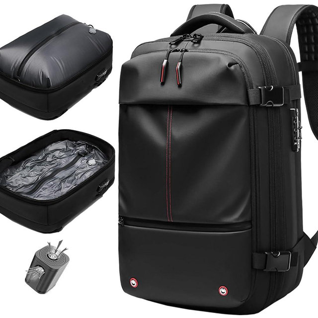 IKYWT Vacuum Seal Backpack Travel 60L Expandable Air Compression System, Airback Vacpack Backpack TSA Lock Water Resistant Carry-On Luggage (Black, with Pump)