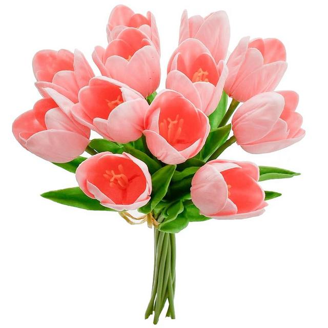 Mandy's 12pcs Light Pink Partially Open Artificial Tulip Silk Fake Flowers 13.5" for New Year Spring Mother's Day Easter Gifts in Bulk Home Kitchen Wedding Decorations