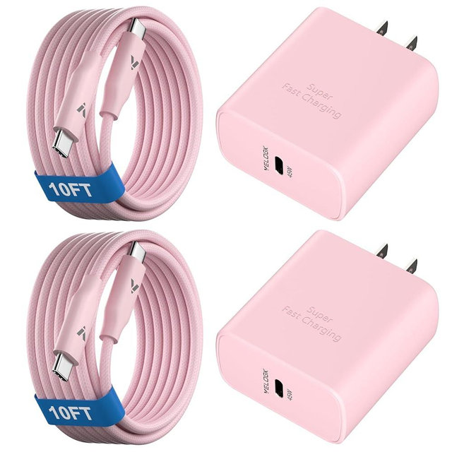 45W Super Fast Charger USB C, 45 Watt Type-C Android Phone Charger Fast Charging Block with 10FT Type C Cords for Samsung Galaxy S25 Ultra/S24 Ultra/S24+/S23 Ultra/S22 Plus/S20, Tab S9/S8 Ultra(Pink)