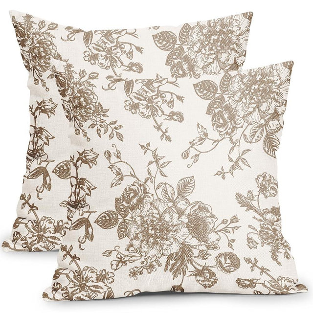 Vintage Floral Pillow Covers 20x20 Inch Set of 2 Tan and Cream Floral Throw Pillow Covers Chinoiserie Flower Pillowcases Rustic Farmhouse Cotton Linen Cushion Covers for Couch Bed Sofa Home Decor