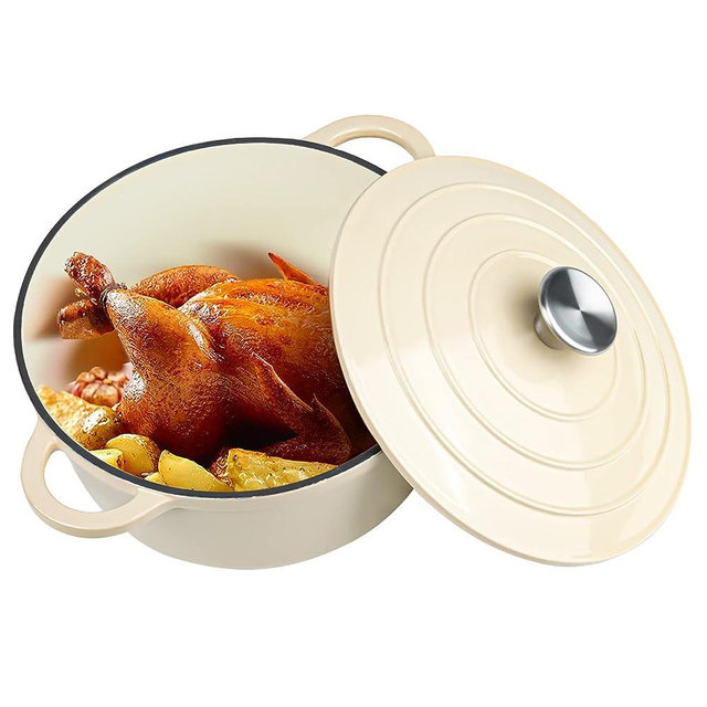Miereirl 4.5 QT Enameled Dutch Oven Pot with Lid, Cast Iron Dutch Oven with Dual Handles for Bread Baking, Cooking, Non-stick Enamel Coated Cookware (Beige)