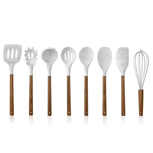 Cook with Color 8 Pc Non Stick Silicone Utensil Set with Rounded Wood Handles for Cooking and Baking - Marble White