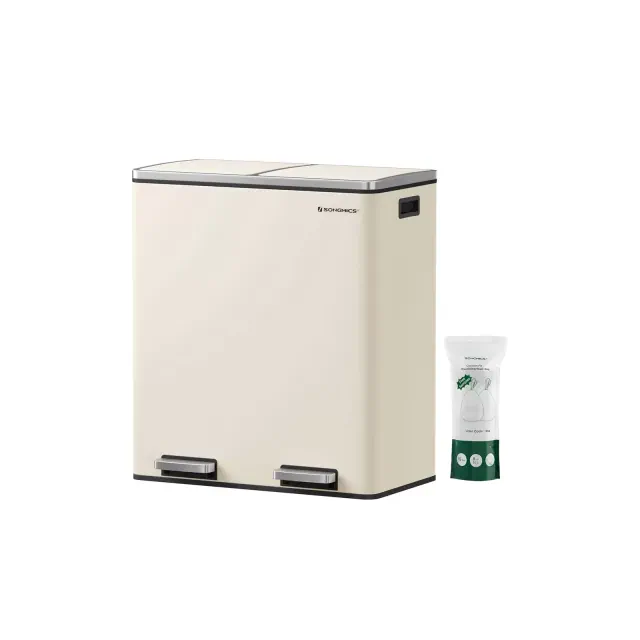 SONGMICS Trash Can, 16 Gal Garbage Can for Kitchen, with 15 Trash Bags, Plastic Inner Buckets and Hinged Lids, Airtight, Almond Color