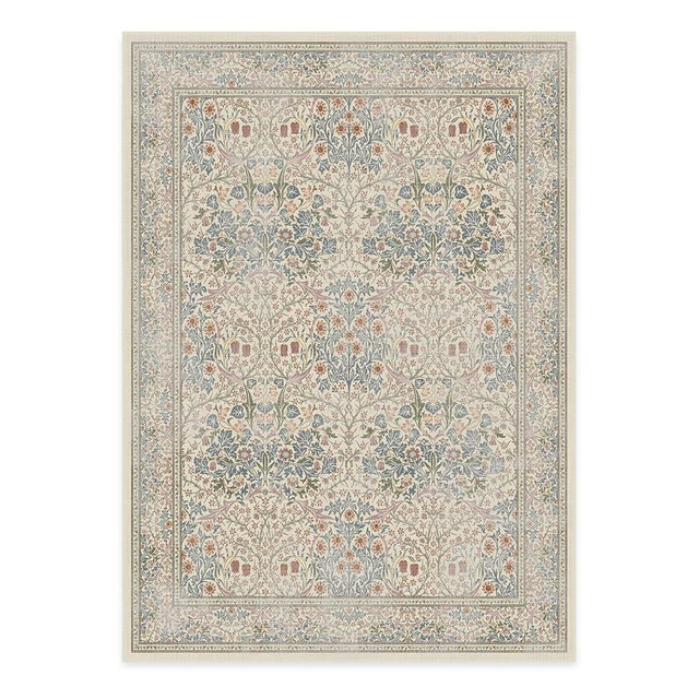 RUGGABLE x Morris & Co Washable Rug - Perfect Bohemian Area Rug for Living Room Bedroom Kitchen - Non-Slip, Child Friendly, Stain & Water Resistant - Blackthorn Ivory Blue 5'x7' (Cushioned Pad)