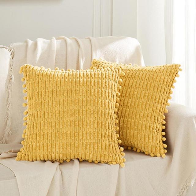 Fancy Homi 2 Packs Yellow Decorative Throw Pillow Covers 20x20 Inch with Pom-poms for Living Room Couch Bed Sofa, Rustic Boho Home Decor, Soft Plush Corduroy Cute Accent Square Cushion Case 50x50 cm