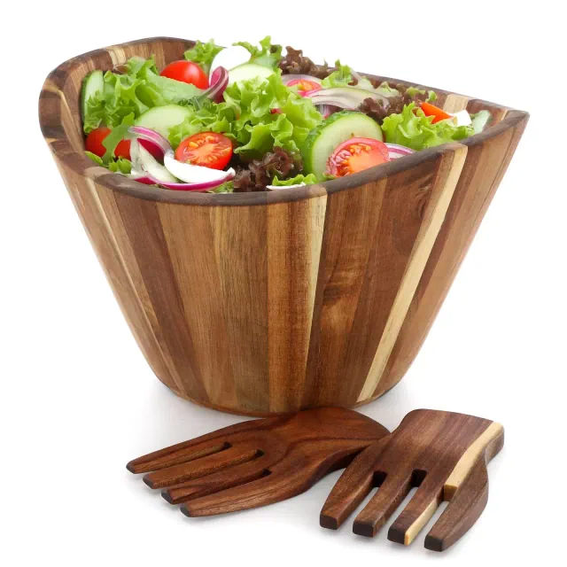 MegaChef Acacia Wood Salad Bowl with Serving Utensils