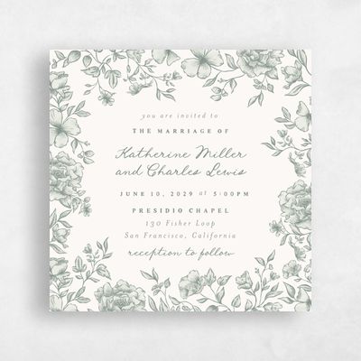 Green Floral Wedding Invitation - Sogno Square