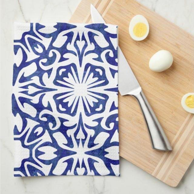 Blue and White Watercolor Spanish Tile Pattern Kitchen Towel