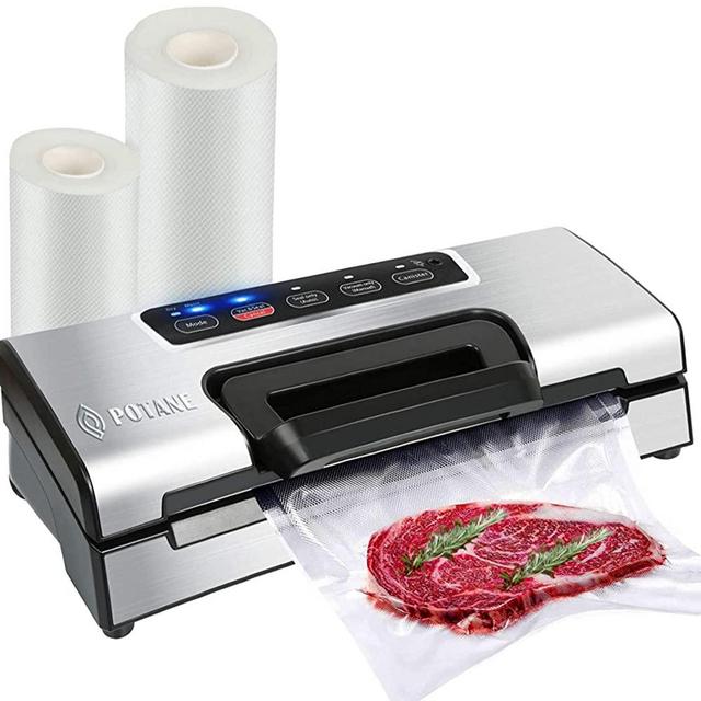 POTANE Precision Vacuum Sealer Machine,Pro Food Sealer with Built-in Cutter and Bag Storage(Up to 20 Feet Length), Both Auto&Manual Options,2 Food Modes,Includes 2 Bag Rolls 11”x16’ and 8”x16’,Compact Design