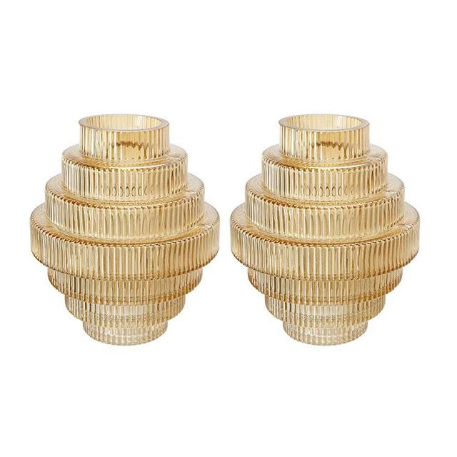A&B Home Amber Fluted Geometric Vase Set - Set of 2 Small Tiered Decorative Glass Vase, Tabletop Home Decor, Bedroom Living Room Accent Piece Entryway Console Table Sideboard Flower Vase, 6" x 6" x 7"