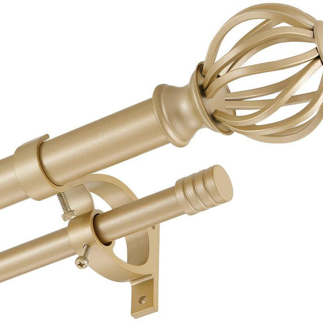 Light Gold Double Curtain Rods for Window 72-144", Double Curtain Rods with Round Cage & Barrel Finials, 1-Inch Front and 5/8 Inch Back Double Drapery Rod, Adjustable Double Rod Curtain Rod