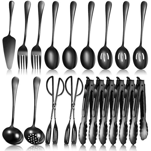 19 Pieces Serving Flatware Set Including Stainless Steel Spatulas, Forks, Spoons, Perforated Spoons, Soup Spoons, Skimmers Spoon, Buffet Tongs, Heavy Duty Black Serving Tongs for Home Buffet(Black)
