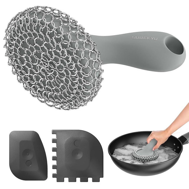 SUBEKYU Cast Iron Scrubber with Silicone Handle, Stainless Steel Skillet Cleaner for Cast Iron Pans (Gray Scrubber + Scraper)