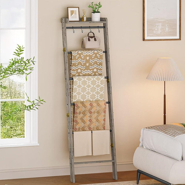 Hzuaneri Blanket Ladder Shelf, Decorative Quilt Rack, 7-Tier Farmhouse Ladder Holder Organizer with 4 Removable Hooks 7.9" D x 17.3" W x 66.9" H, Greige BR36805B