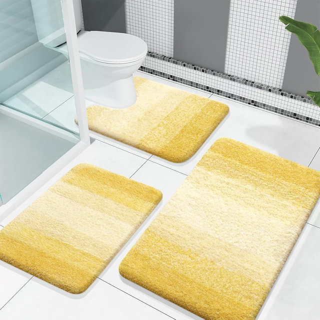 OLANLY Bathroom Rugs Sets 3 Piece, Soft Absorbent Microfiber Bath Rugs and U-Shaped Contour Toilet Rug Area Rug Set, Non-Slip Bath Carpet, Home Decor Accessories, Bath Mat Set for Bathroom, Yellow