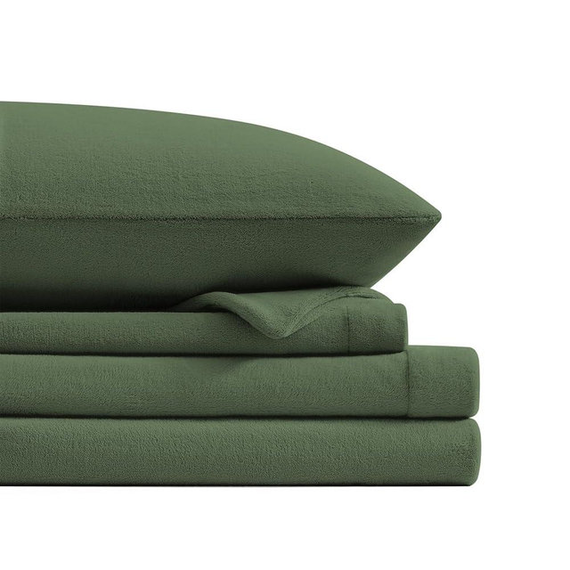 Petrichor Flannel Fleece Queen Size Sheet Set Green – Ultra Soft Anti-Static Plush Bedding, 4 Piece (1 Fitted Sheet 80"×60"×16",1 Flat Sheet 102"×90",2 Pillowcases 30"×20")