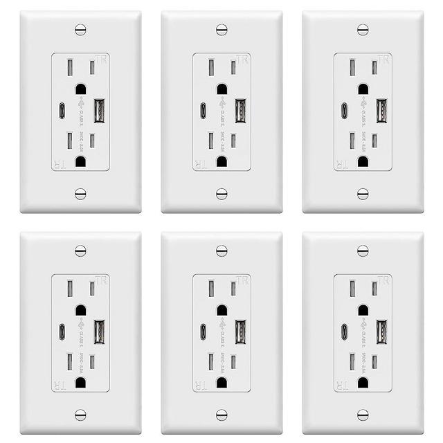 TOPGREENER USB Outlet, Type C USB Wall Charger Outlet, 15 Amp TR Receptacle Plug, Charging Power Outlet with USB Ports, Electrical USB Socket, UL Listed, TU21536AC-W-6PCS, White, 6 Pack