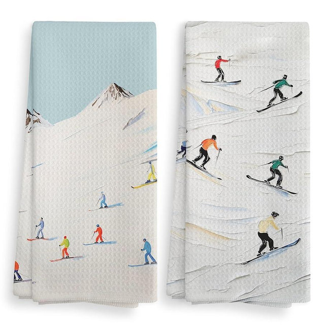 NOQL Winter Skiing Skier Kitchen Towels and Dishcloths Set of 2, Ski Skiing Gifts for Skiers, Ski Christmas Ornaments Decor, Winter Drying Cloth Hand Towels Tea Towels for Bathroom Kitchen, 16×24Inch