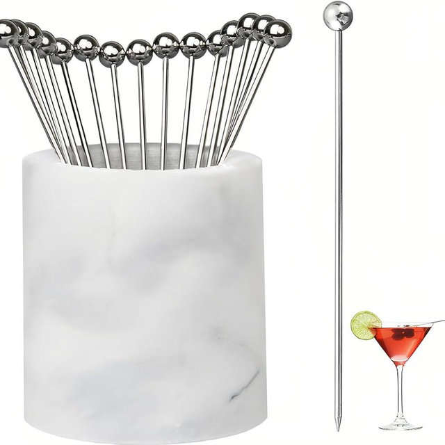 GMYIAK 4.3 Inch Stainless Steel Cocktail Stick 15pcs+1pcs Marble Tank,Cocktail Clip,Appetiser Fork,Cocktail Garnish,Suitable for Bars,Restaurants,Sandwiches,Fruits,BBQ (White)