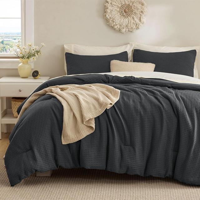 Bedsure Waffle Comforter Set Queen, Soft and Breathable Charcoal Bedding Comforter Set, 3 Pieces, 1 Waffle Weave Comforter (90" x 90") and 2 Pillowcases(20" x 26")