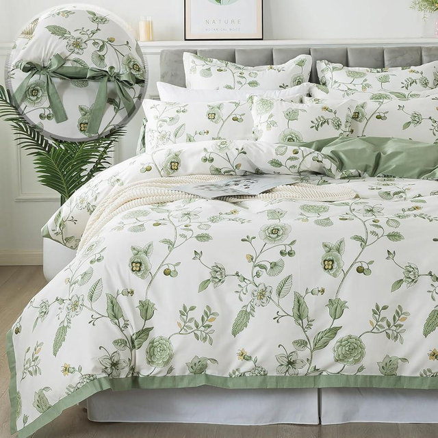 FADFAY Green Duvet Cover Set King/Cal King Floral Bedding 100% Cotton Shabby Vintage Reversible Zipper Farmhouse Comforter Cover Flower Print Bed Covers Pretty Bowknot Soft Crisp Breathable 3Pcs